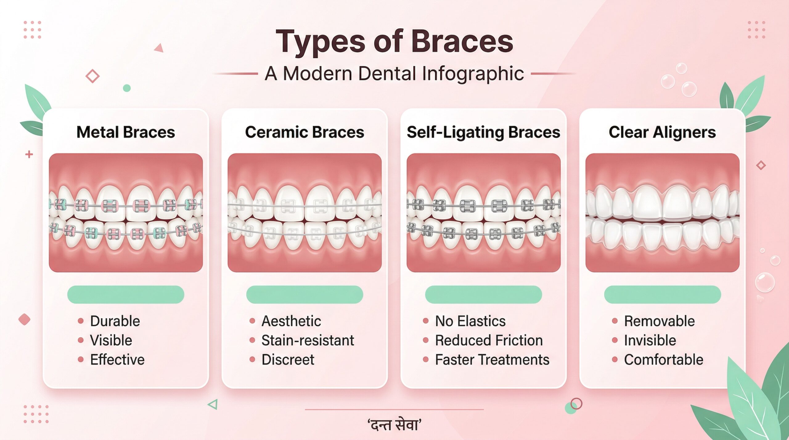 Infographic comparing four types of dental braces: metal braces, ceramic braces, self-ligating braces, and clear aligners