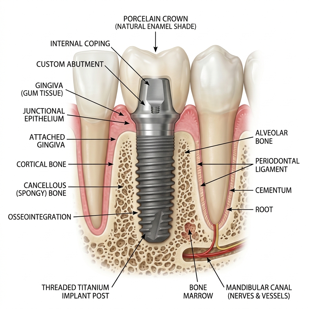 Dental implant diagram showing crown, abutment and titanium implant post