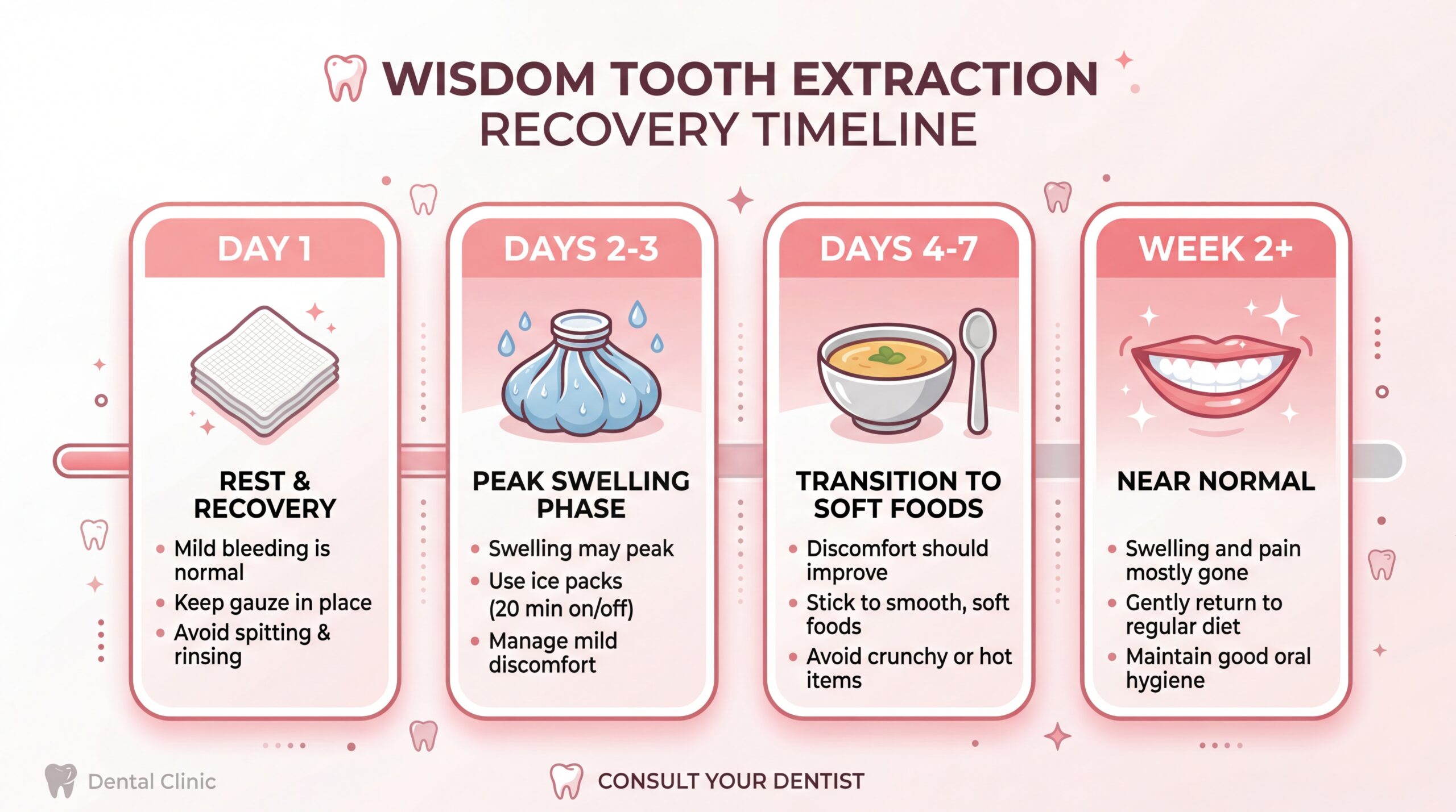 Wisdom tooth extraction recovery timeline showing Day 1 rest, Days 2-3 peak swelling, Days 4-7 improvement, Week 2 near normal