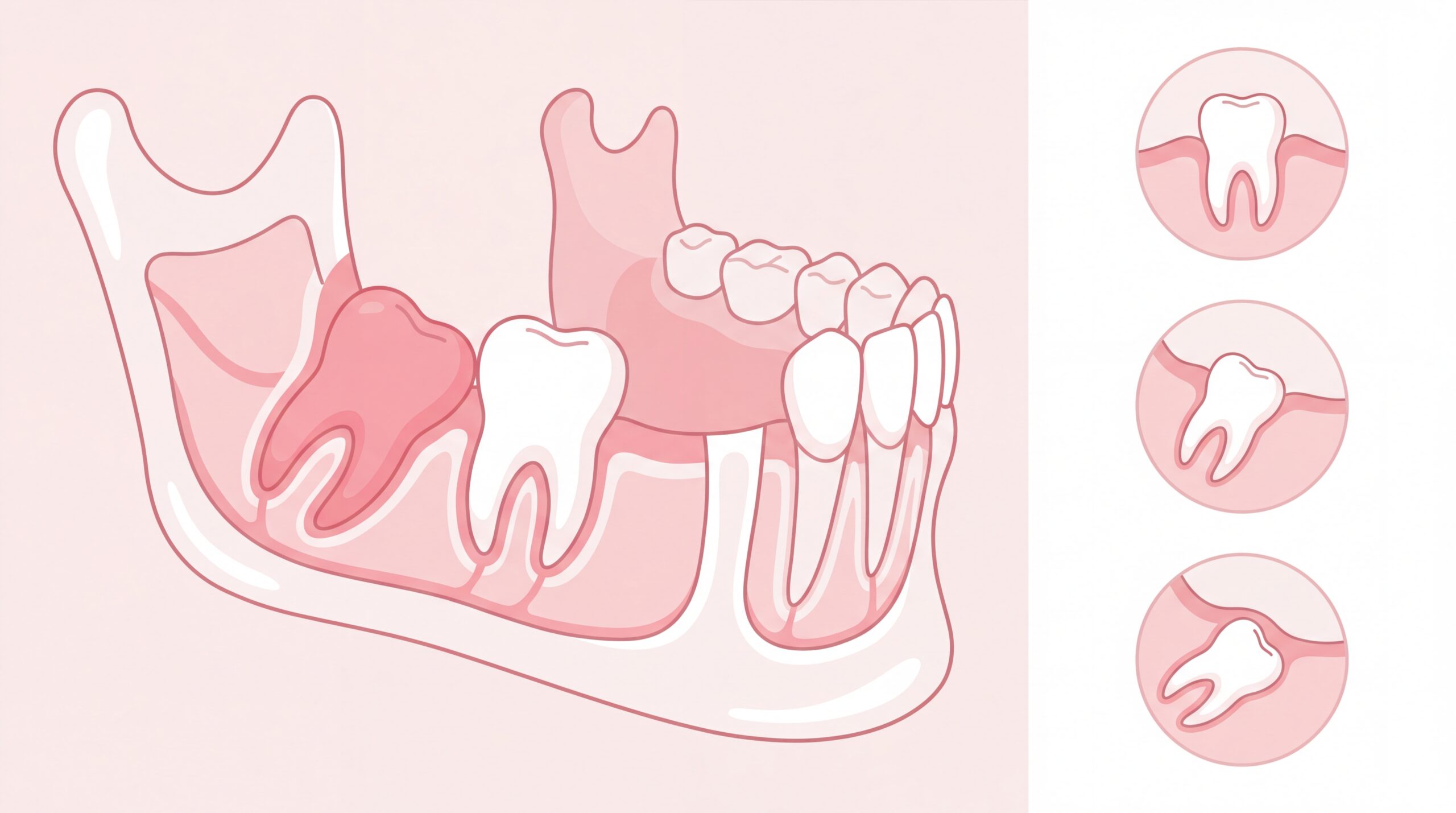 Diagram showing wisdom tooth position and impaction types including normal eruption, partial impaction, and horizontal impaction
